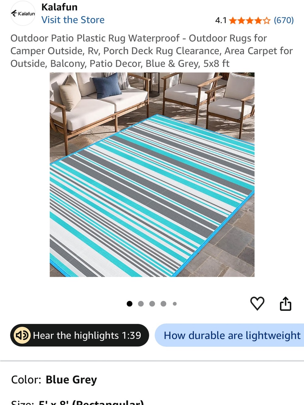 Blue & Gray Striped Outdoor Patio Rug